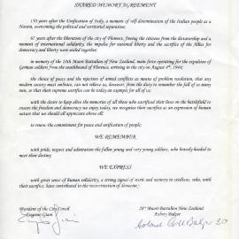 Shared Memory Document signed by Lt. Col Aubrey Balzer at Florence, Italy in 2011