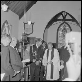 Rear Admiral J O'C Ross and Reverend C S Bull at Gate Pā St George's Church presentation of Her Majesty's Ship bell from Acheron