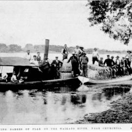 Towing barges of flax on the Waikato River
