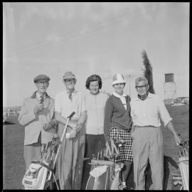 Caddies Mesdames WL Peters (left) GIN Smith, Messrs NMP Gibson, FA McFadyen and ES Bartlett at veterans' tournament