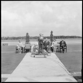 Mr A. R. Harris speaks at official opening of runway and temporary passenger terminal at Tauranga Airport. 