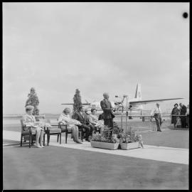 Mr A. R. Harris speaks at official opening of runway and temporary passenger terminal at Tauranga Airport. 