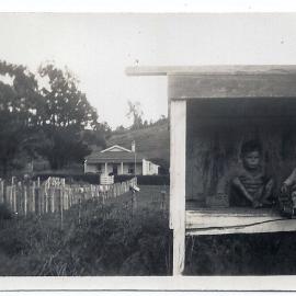 The Manawhe farm, showing the house from the road with the children sitting in the hutch for the cream cans.