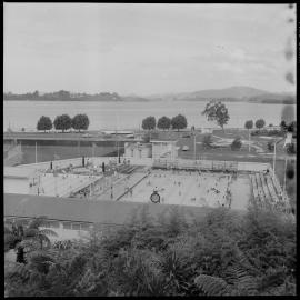 Memorial Park pool more inviting than nearby Tauranga Harbour (fountain in background). 
