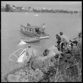 Launch. Salvage of Wee Nola at Waikareao Estuary.
