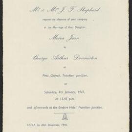 Wedding invitation for Shepherd and Denniston, 1947