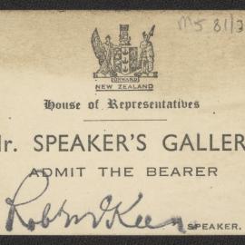 Admittance card for Mr. Speaker's Gallery