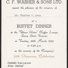 Invitation to C. F. Washer & Sons Jubilee Dinner, 1959