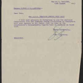 Letter from Tauranga Rowing Club to Messrs C. Haua and G.A. Lindell, 19 Aug 1929