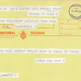 Telegram from Chris and Dave to Tauranga Jazz Festival Society