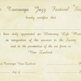 Honorary Life Member Sample Certificate of Tauranga Jazz Festival Society