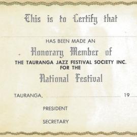 Honorary Member Sample Certificate of Tauranga Jazz Festival Society