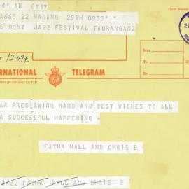 Telegram from Patha Hall and Chris B to Tauranga Jazz Festival Society