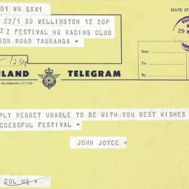 Telegram from John Joyce B to Tauranga Jazz Festival Society