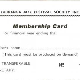 Tauranga Jazz Festival Society Blank Membership Card
