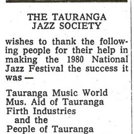 Thank you Note from the Tauranga Jazz Society 