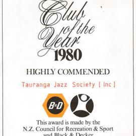 Tauranga Jazz Society - NZ Club of the Year 1980 Award