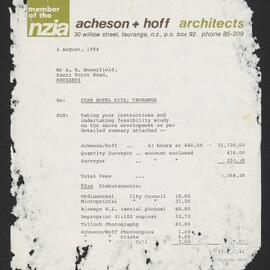 Invoice from Acheson & Hoff Architects to A. H. Honeyfield, August 1984.