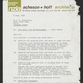 Letter re: Star Hotel Site Re-development Draft Report, June 1984.