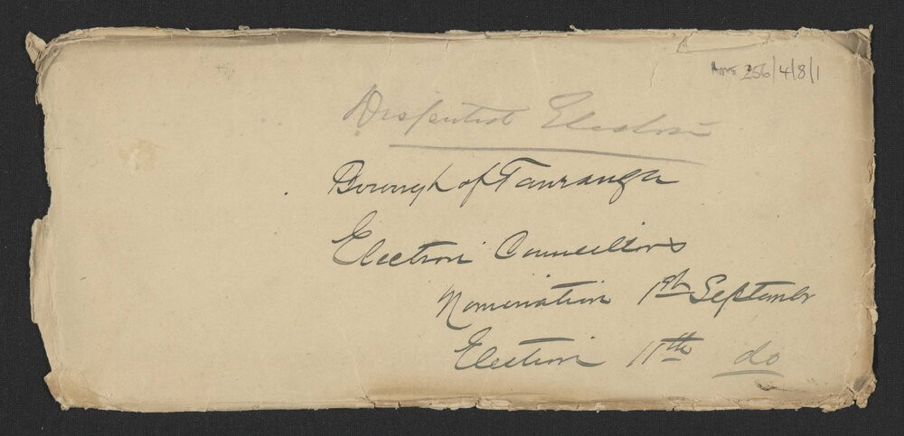 Envelope for disputed Tauranga Borough Election, 1890. Te Ao Mārama - Tauranga City Libraries Ams 256/4/8/1