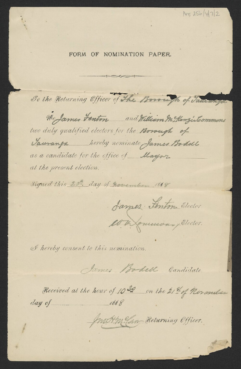 Nomination form for James Bodell, as candidate for Councillor, Borough of Tauranga, 1888. Te Ao Mārama - Tauranga City Libraries Ams 256/4/7/2
