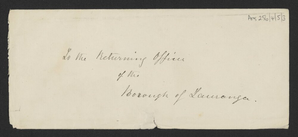 Envelope containing nomination paper for councillor, Tauranga, November 1886. Te Ao Mārama - Tauranga City Libraries Ams 256/4/5/3