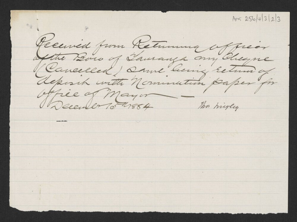 Handwritten receipt from Thomas Wrigley acknowledging return of cancelled cheque, 1884. Te Ao Mārama - Tauranga City Libraries Ams 256/4/3/2/3
