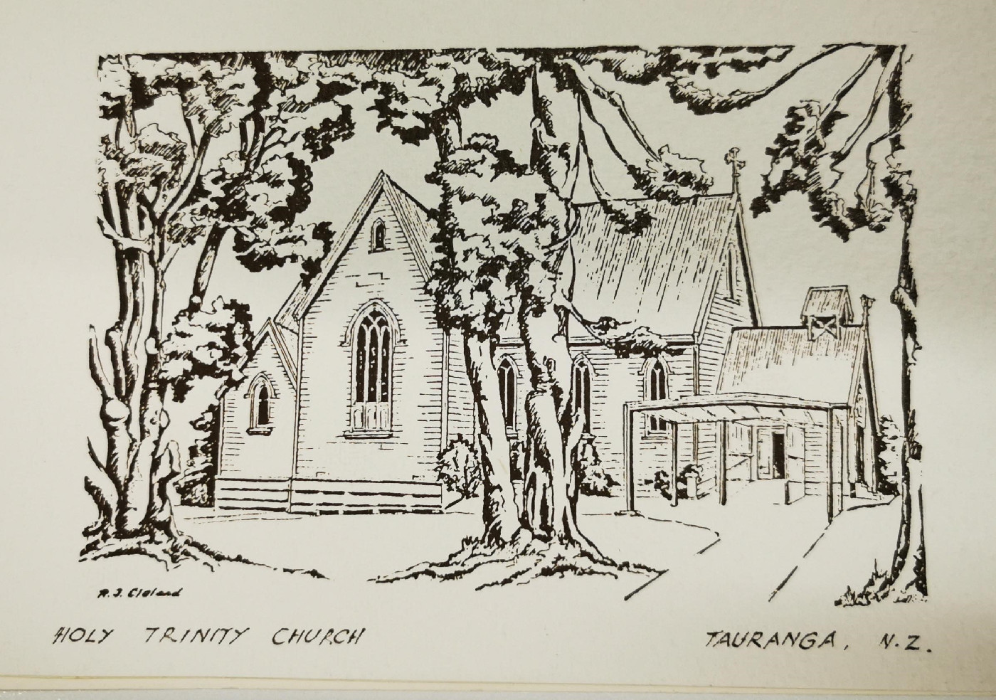 Sketch of Holy Trinity Church by Cleland, used for the cover of thank you cards in July 1999. Note on back: after 1999 fire in which Church as badly damaged. 
Part of archive series Ams 476/15