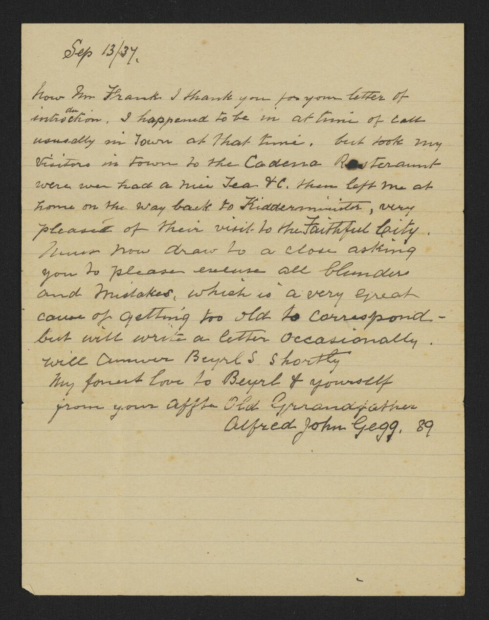 Third page of a letter from Alfred John Gegg to his Grandson and Granddaughter, September 1937. Ams 514/1/2/1