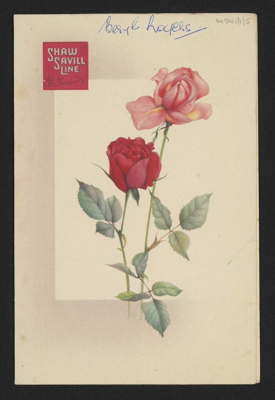 Front cover of Shaw Savill Line dinner menu, 1959.
Ams 514/1/1/5