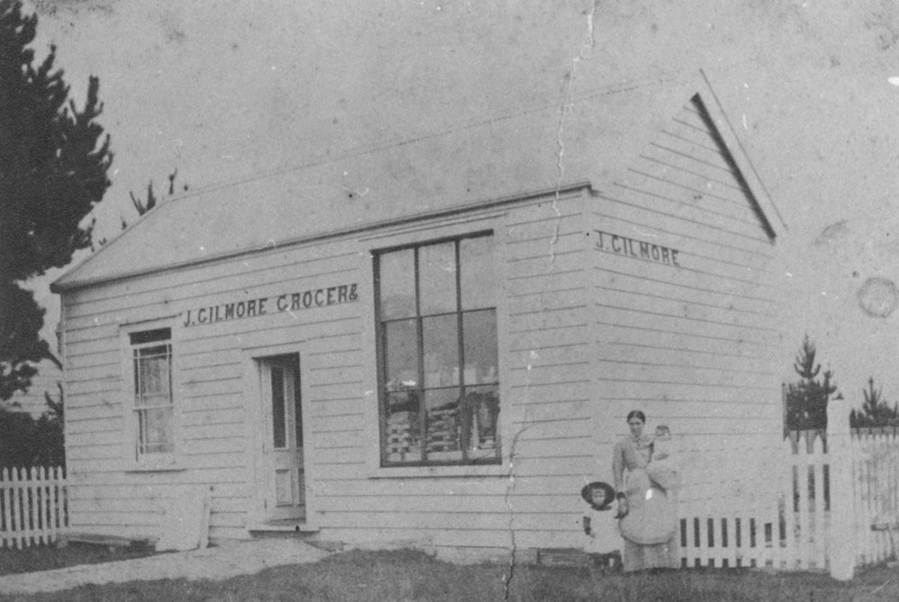J. Gilmore's first store, corner Cameron Road and Elizabeth Street, Tauranga. Photo 02-351
