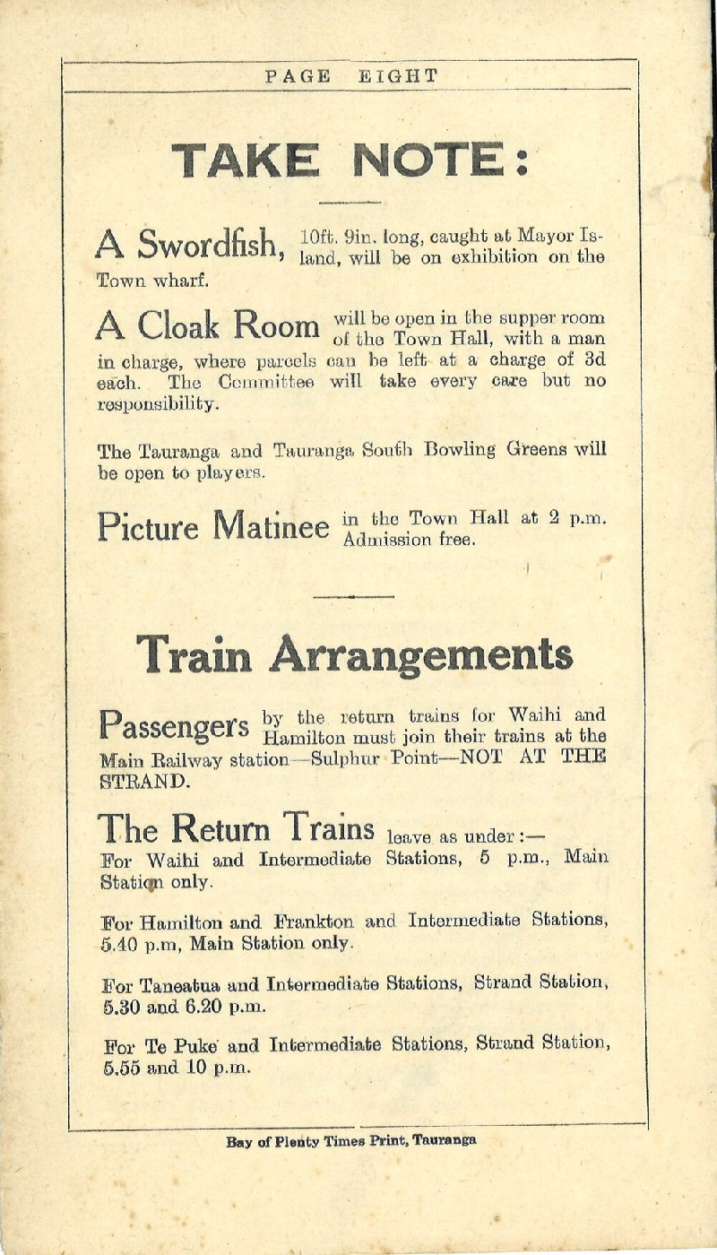 Page 8 of the Souvenir programme for the opening celebrations East Coast Main Trunk Railway (Tauranga-Waihī Section), 28 Mar 1928.
Te Ao Mārama - Tauranga City Libraries Ams 303/8/1