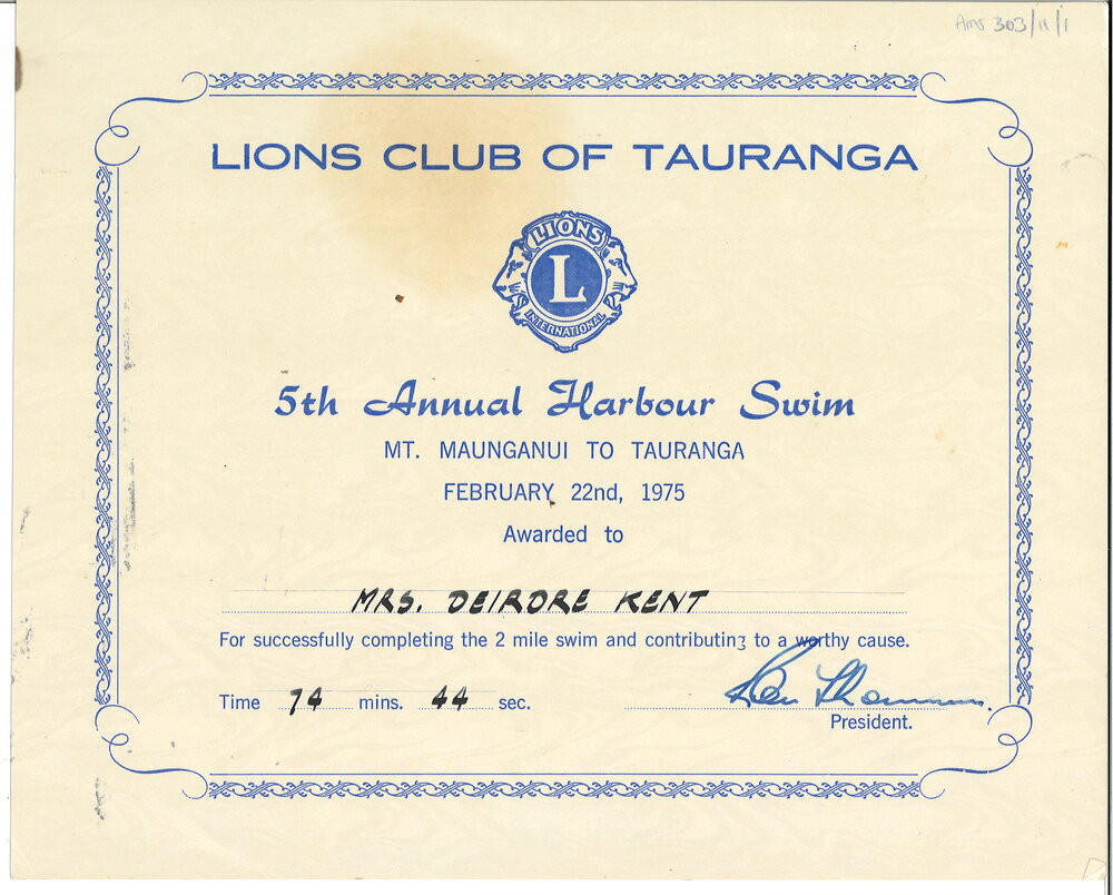 Deirdre Kent's certificate for the the Lions Club of Tauranga fifth annual harbour swim, February 1975.
Te Ao Mārama - Tauranga City Libraries Ams 303/11/1