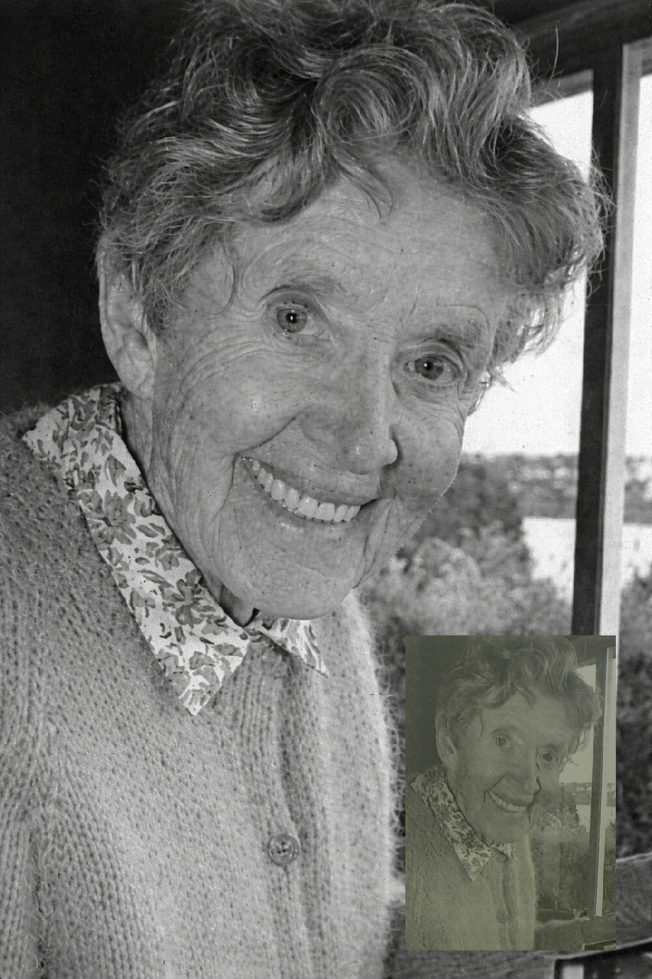 Lyn photographed for the Bay News in 2002. Restored from Newsprint with original inset. 