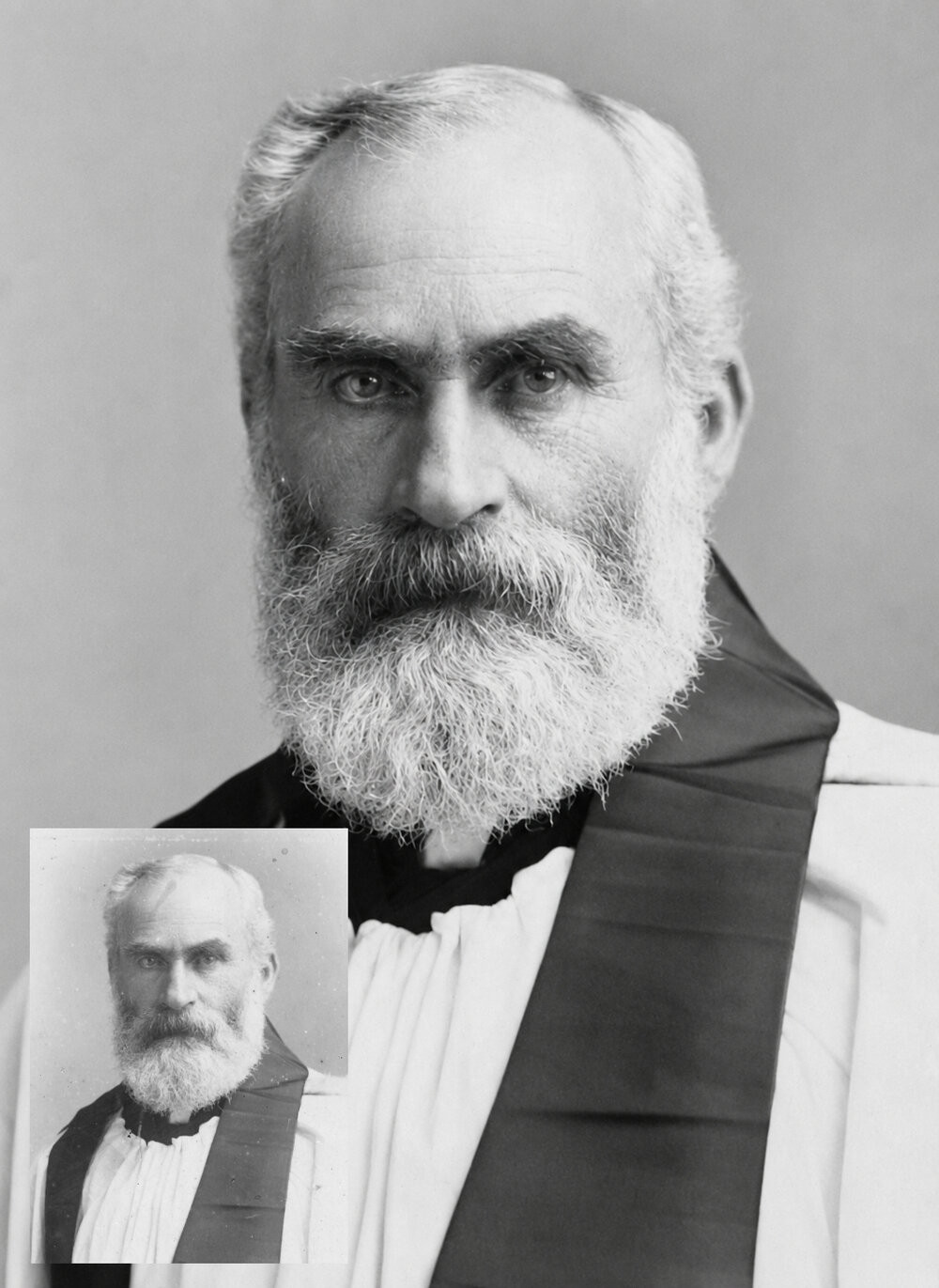 Canon Charles Jordan, Vicar of The Holy Trinity church from 1873 and Mayor of Tauranga many times c. 1870s. Restored portion of Photo 04-428 with original portion inset. 