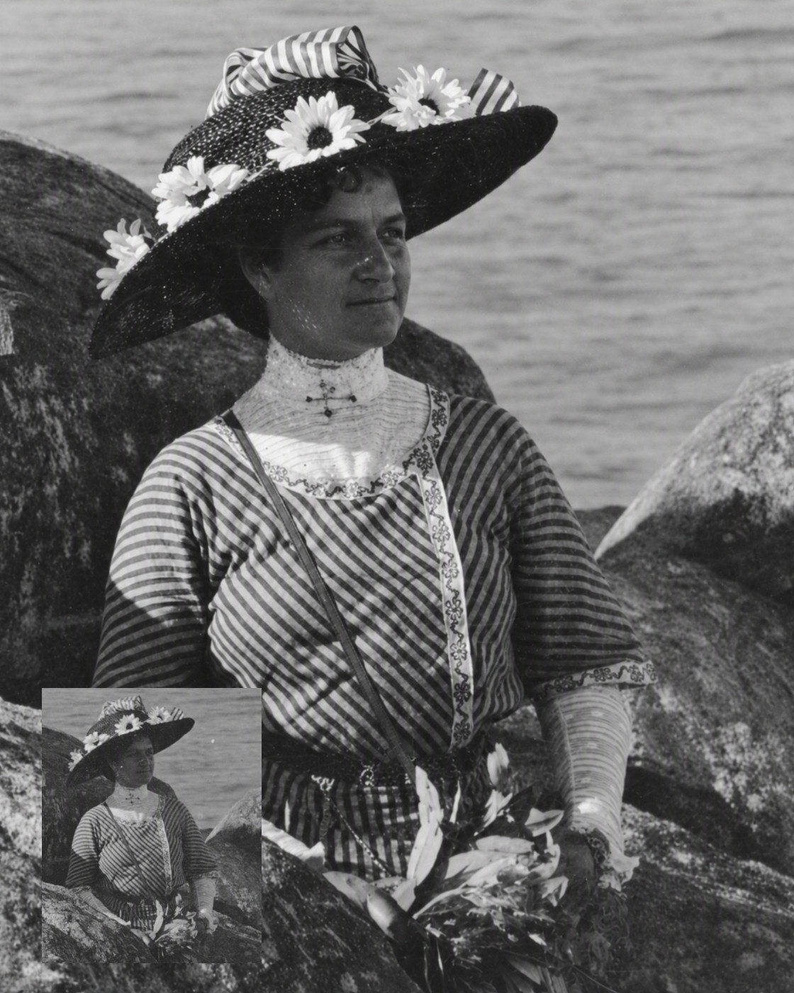 Violet in 1913 at Maunganui Beach. A portion of Photo 99-229 with original portion inset. 
