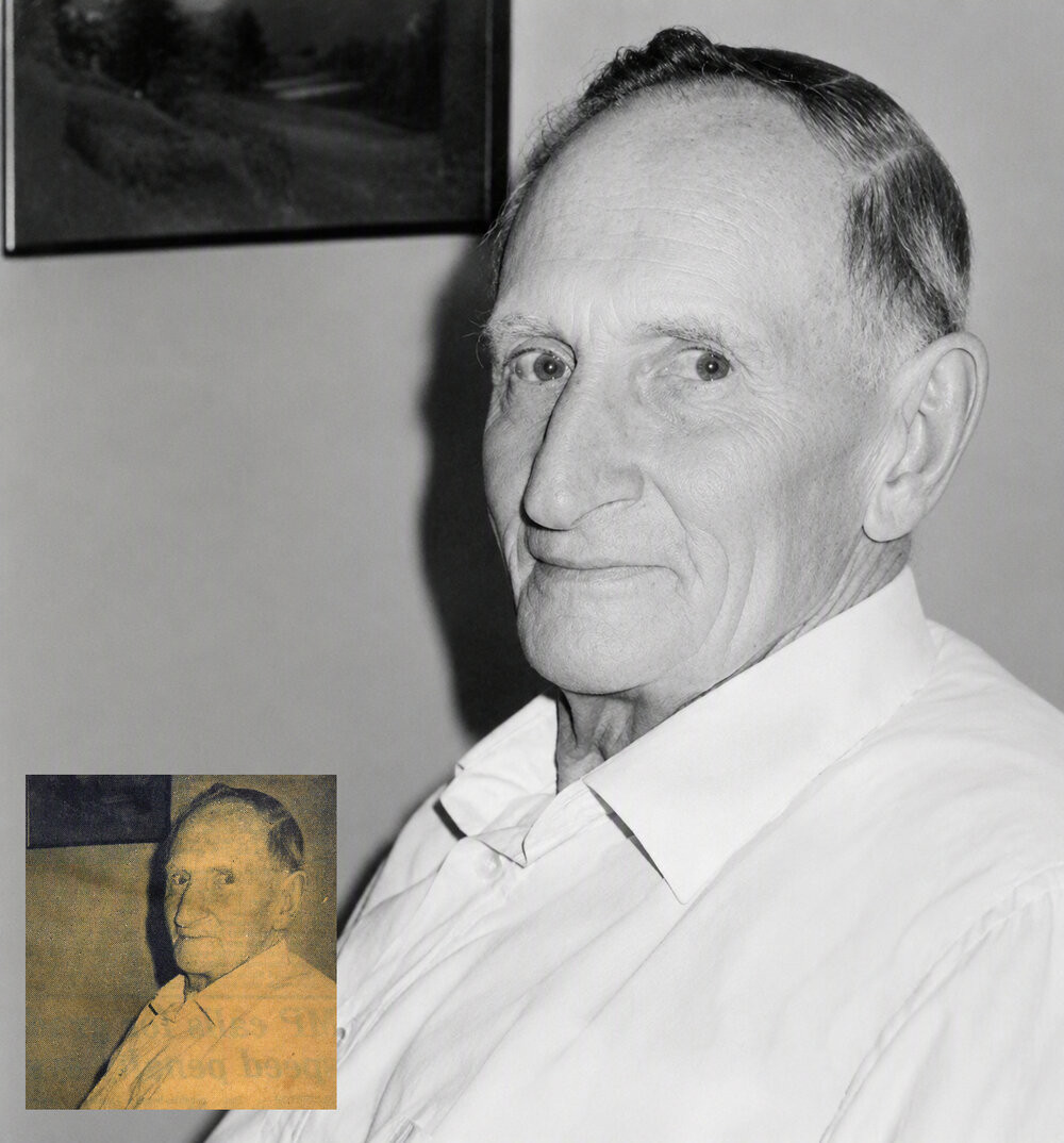 Restored photograph from an unknown newspaper source with original inset.