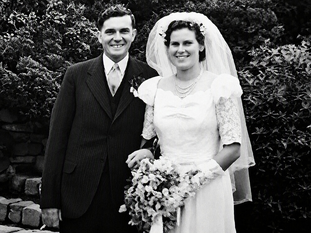 Alan and Joan on their wedding day (1950)

Photograph shown during interview with Jinty Rorke in 1997. Taken from a capture and restored. 