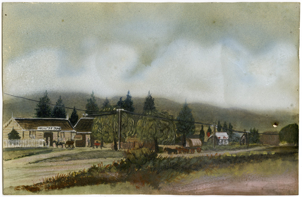 Watercolour of Te Puke township - Te Ao Mārama - Tauranga City Libraries Art 21-046