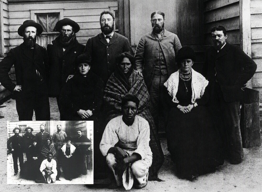 Restored group portrait with original inset, from New Zealand Memories, Issue 4, Volume 1, p245

Standing from left: William H. Bird, John Bird, Joseph McRae, Charles Humphreys and George Baker. Seated: Mrs Mary Bridan, the servant; Guide Sophia; and Mrs Humphreys. In front is Pahia, who was assistant cook at McRae’s hotel.

Original photo supplied to New Zealand Memories by Kirsty Ravenwood.