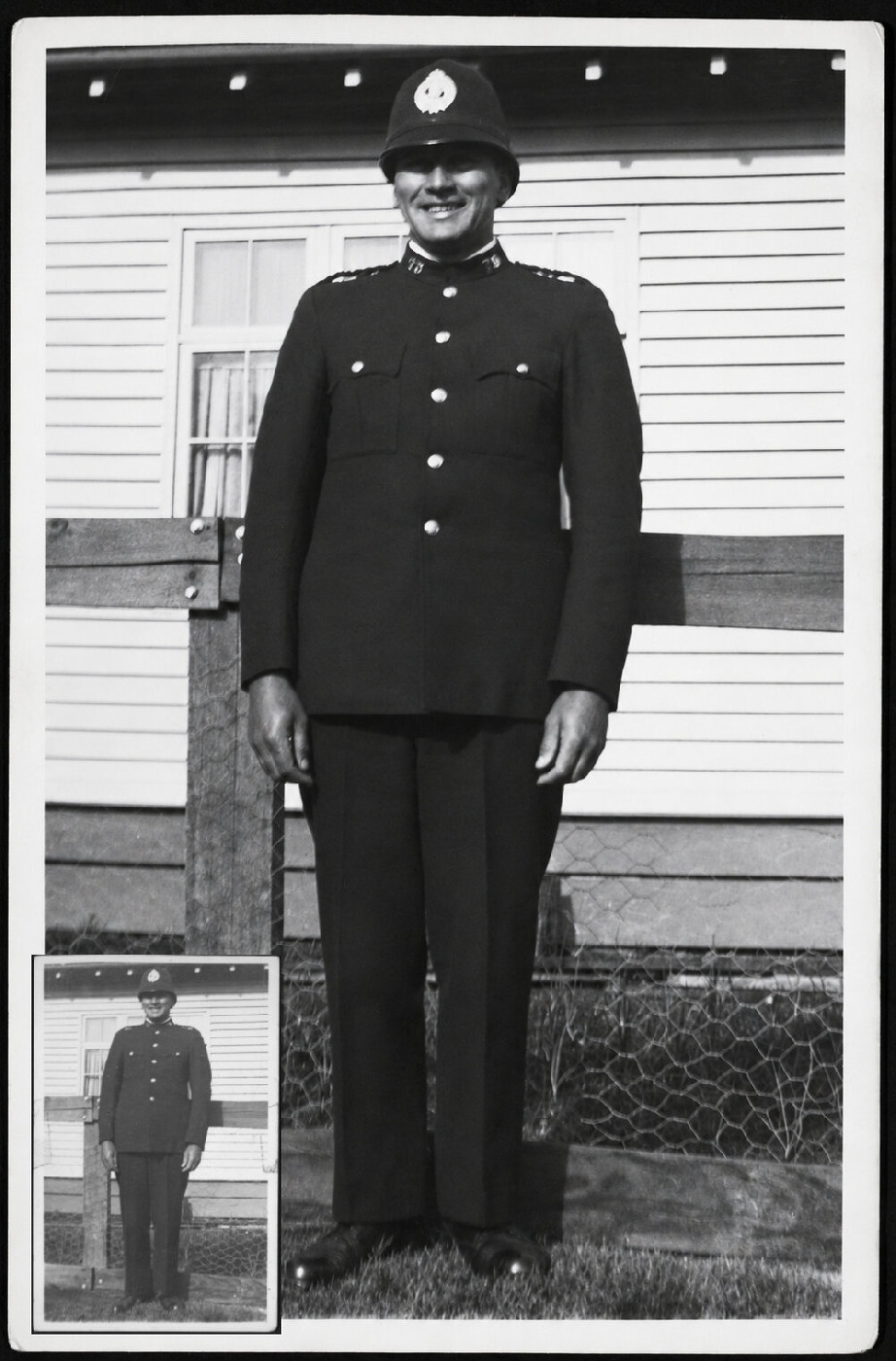 Photograph of Louis Hekenui Bidois (1899-1955), policeman, possibly in front of Te Whaiti Police Station, taken ca late 1930s by an unknown photographer" Alexander Turnbull Library reference 1/2-201351-F  (restored with original inset).

