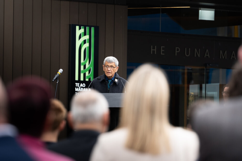Puhirake Ihaka speaks during the civic opening. Te Ao Mārama - Tauranga City Libraries Photo 26-066