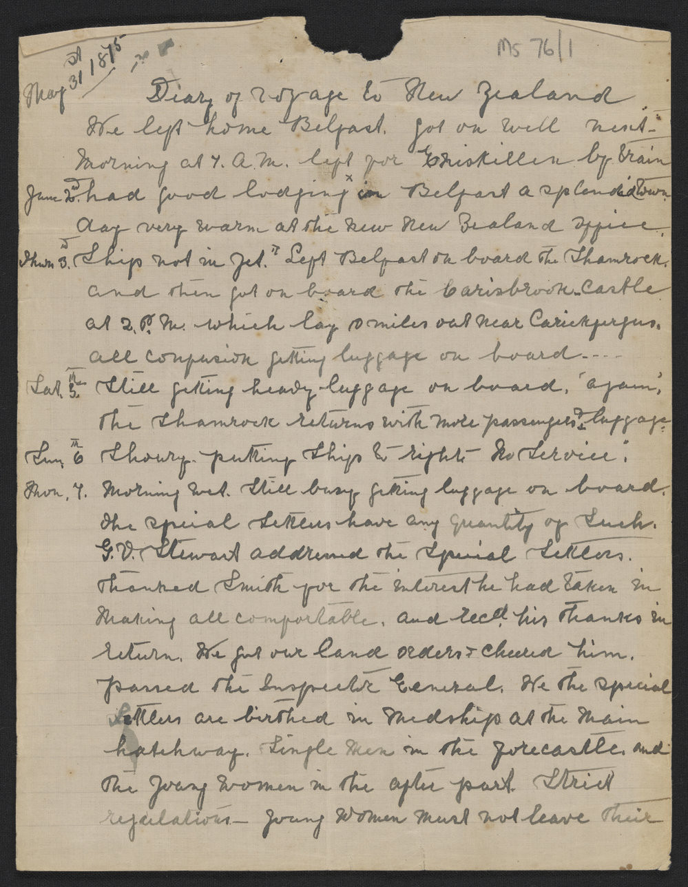 Page one of Thomas Leech's diary on the Carisbrook Castle to New Zealand, 1875.
Te Ao Mārama - Tauranga City Libraries Ms 76/1