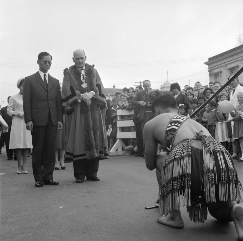 King Bhumibol of Thailand is welcomed during their royal tour of New Zealand (Photo gca-1424)