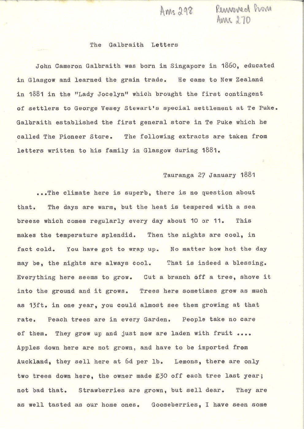 Typescript of The Galbraith letters, 1881