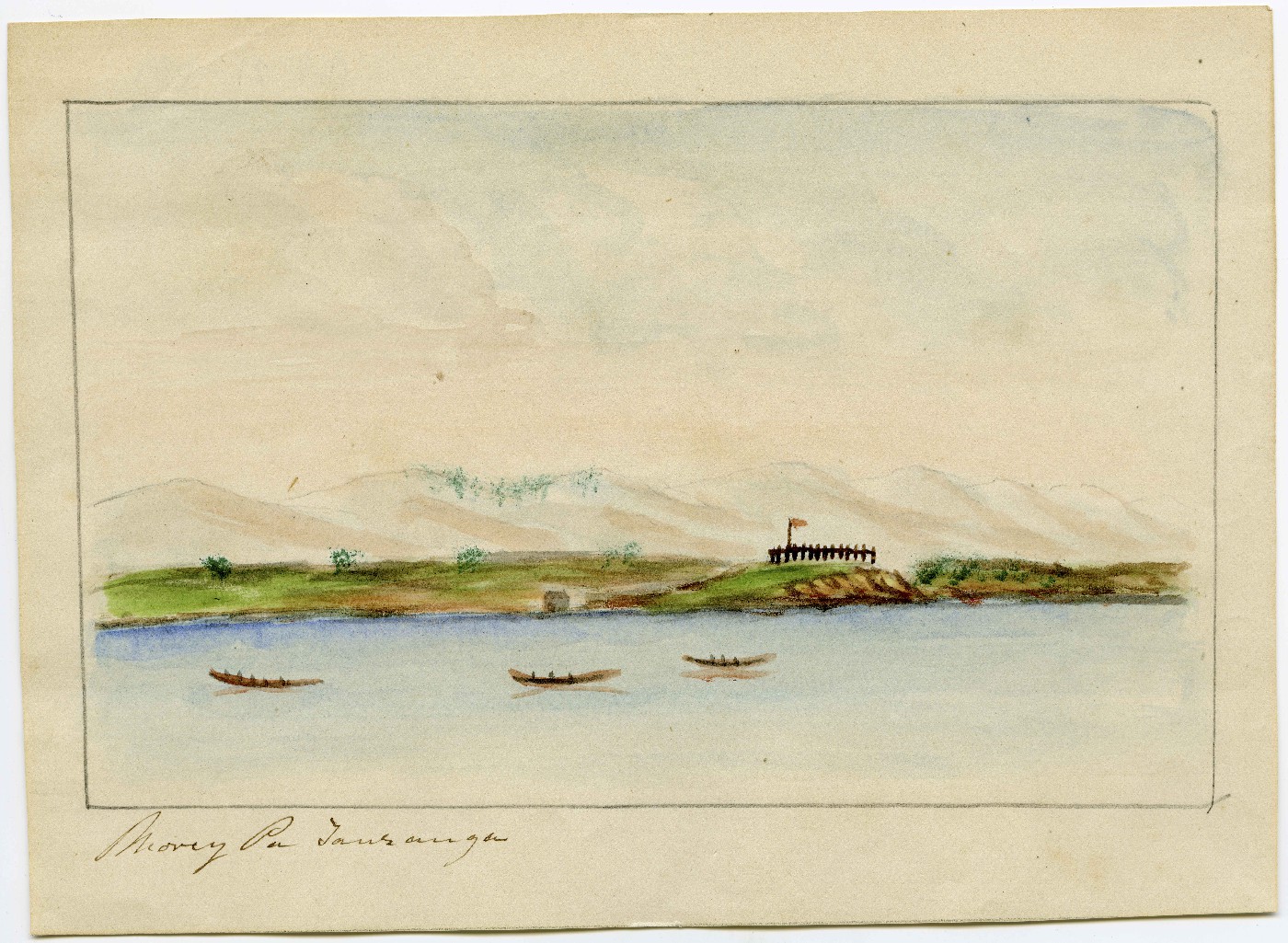Original handwriting on front "Morey tombs near Wiroa." Painted by an unknown soldier who was present at the siege of Maketū, the battles of Pukehinahina and Te Ranga, and during the subsequent occupation of the Tauranga district.
Photo 21-039