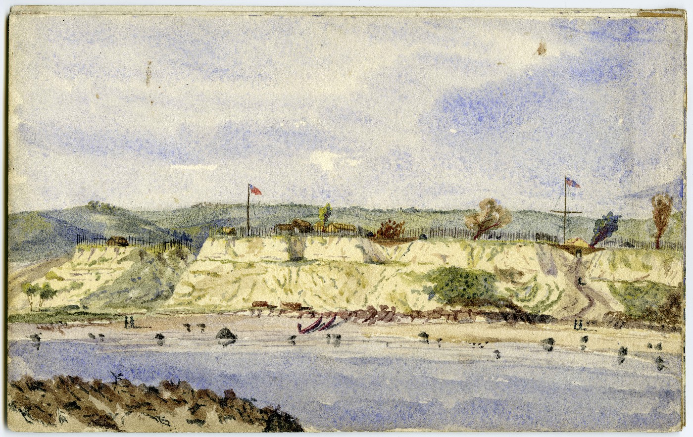 Watercolour painting of a panorama of Maketū. Handwritten on rear "Whare Kahu Residences of the civil commissioner for the Bay of Plenty District. Settlers' houses & stores. Fort Maketu New Zealand on the hill Maori pah in front." Artist unknown.
Art 21-102