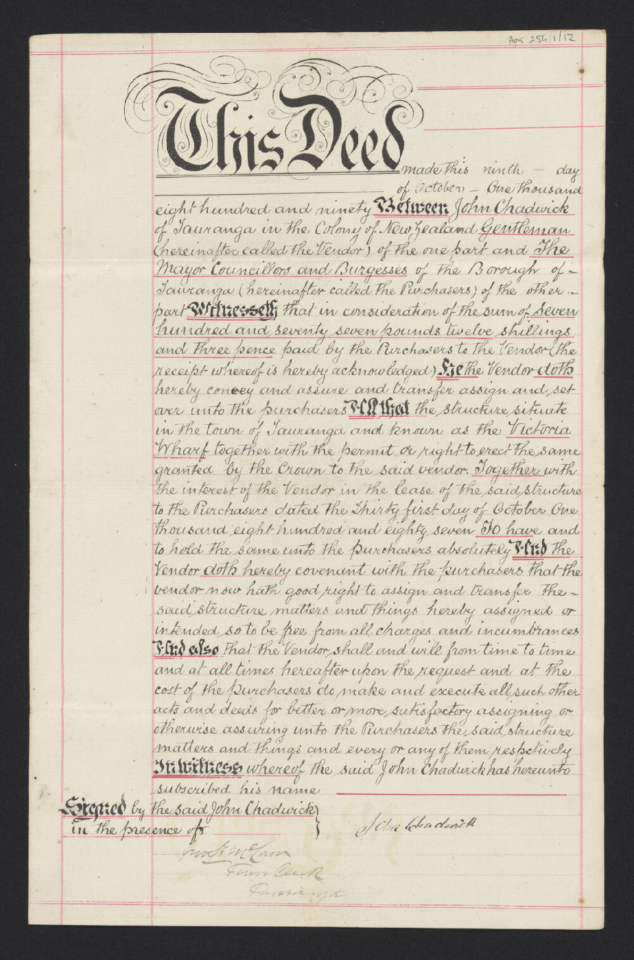 Tauranga Borough Council early contracts and documents