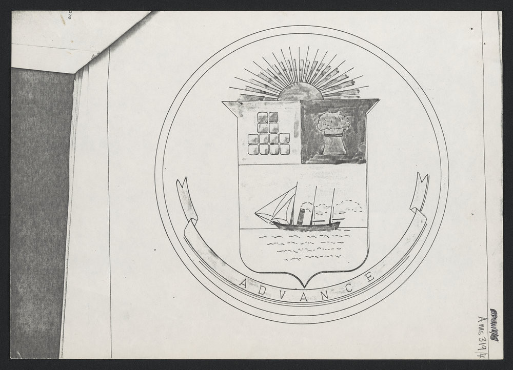 Photocopy of a hand-drawn sketch of the Tauranga City Council crest design, c. 1963.
Te Ao Mārama - Tauranga City Libraries Ams 319/4