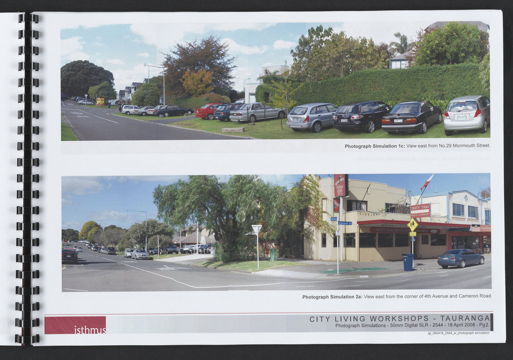 Numbered page 2 of the Photomontages prepared by the Isthmus Group for Tauranga City Council, June 2008. Ams 441/1
